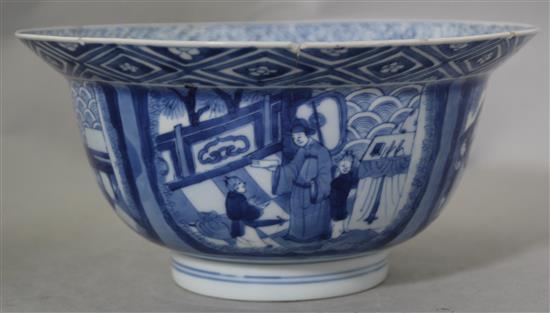 A Chinese blue and white flared bowl, Kangxi six character mark and of the period, 20cm diam., cracked